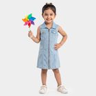 Girls' Light Blue Shift Zip Front Denim Look Frock, हल्का नीला, small