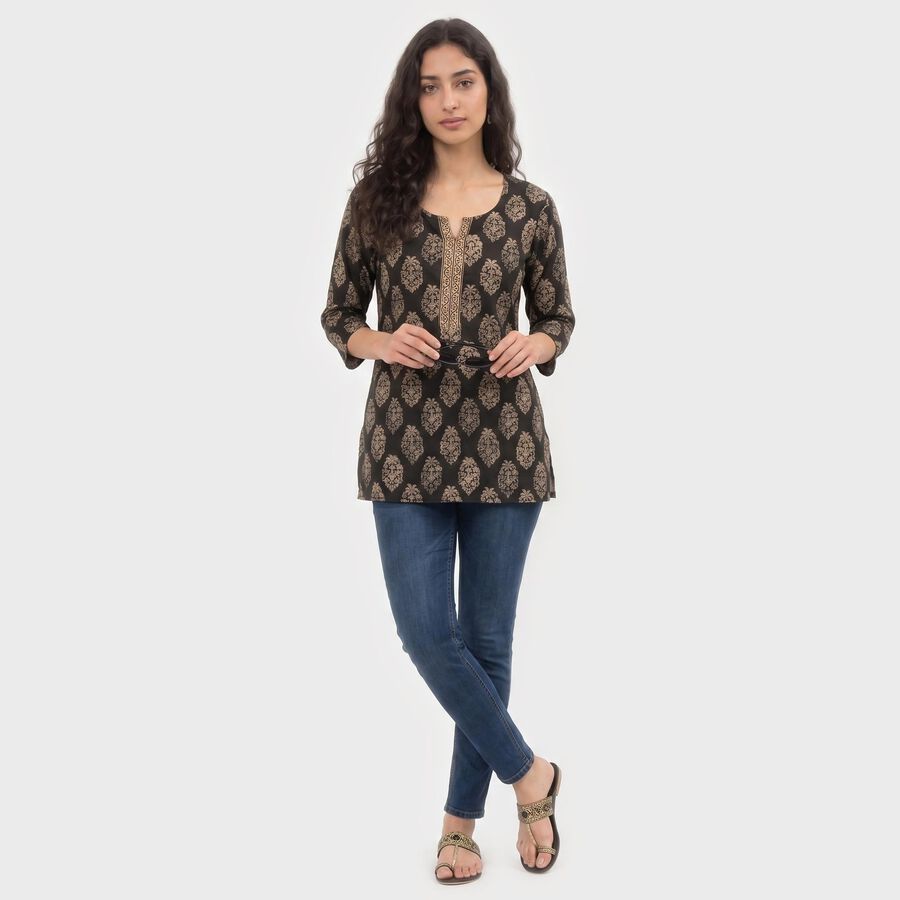 Women's Black Round Neck Printed Straight Kurti, Black, large