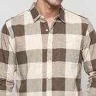 Men's Beige Cotton Long Sleeve Checked Casual Shirt, गहरा पीला, small