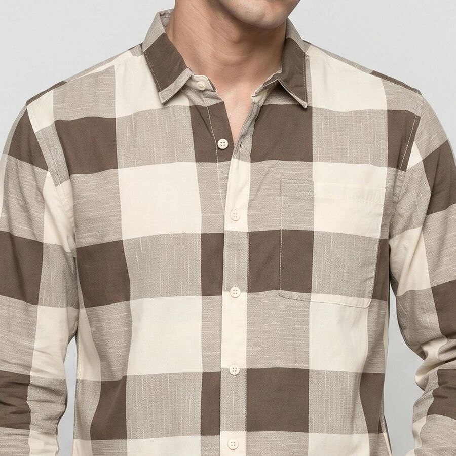 Men's Beige Cotton Long Sleeve Checked Casual Shirt, गहरा पीला, large