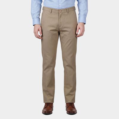 Men's Beige Slim Fit Flat-Front Casual Trousers