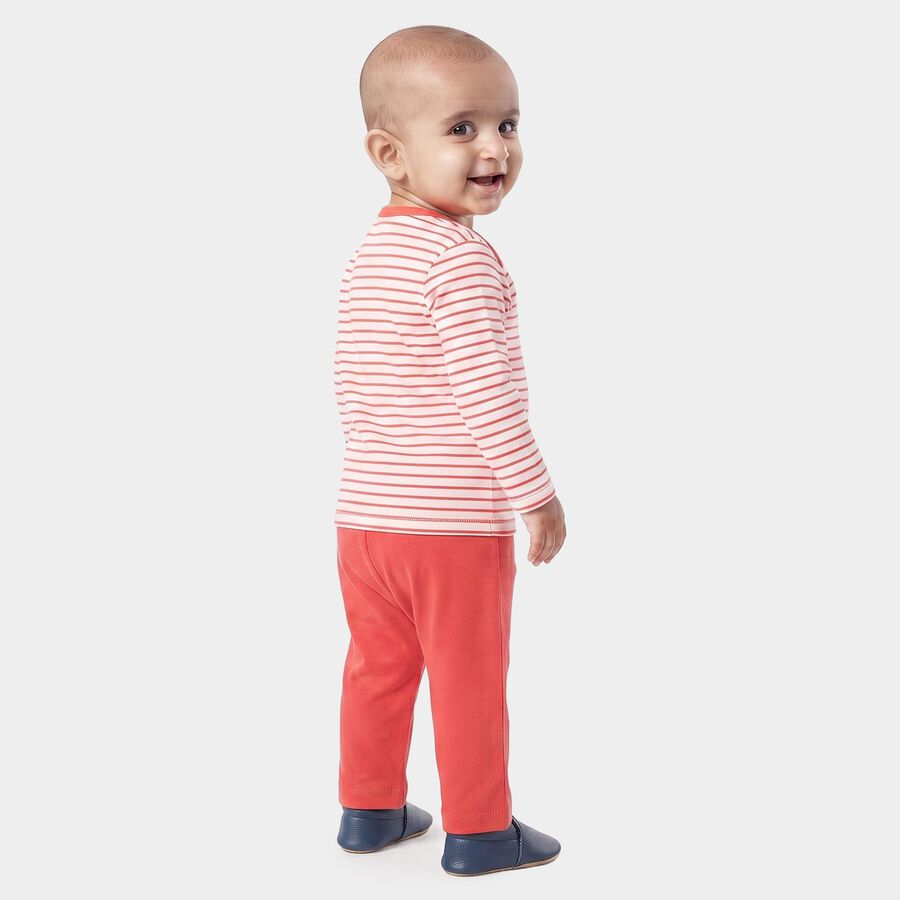 Infants' Coral 100% Cotton Round Neck Striped Baba Suit, Coral, large