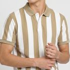 Men's Beige Polo Neck Striped T-Shirt, Beige, small