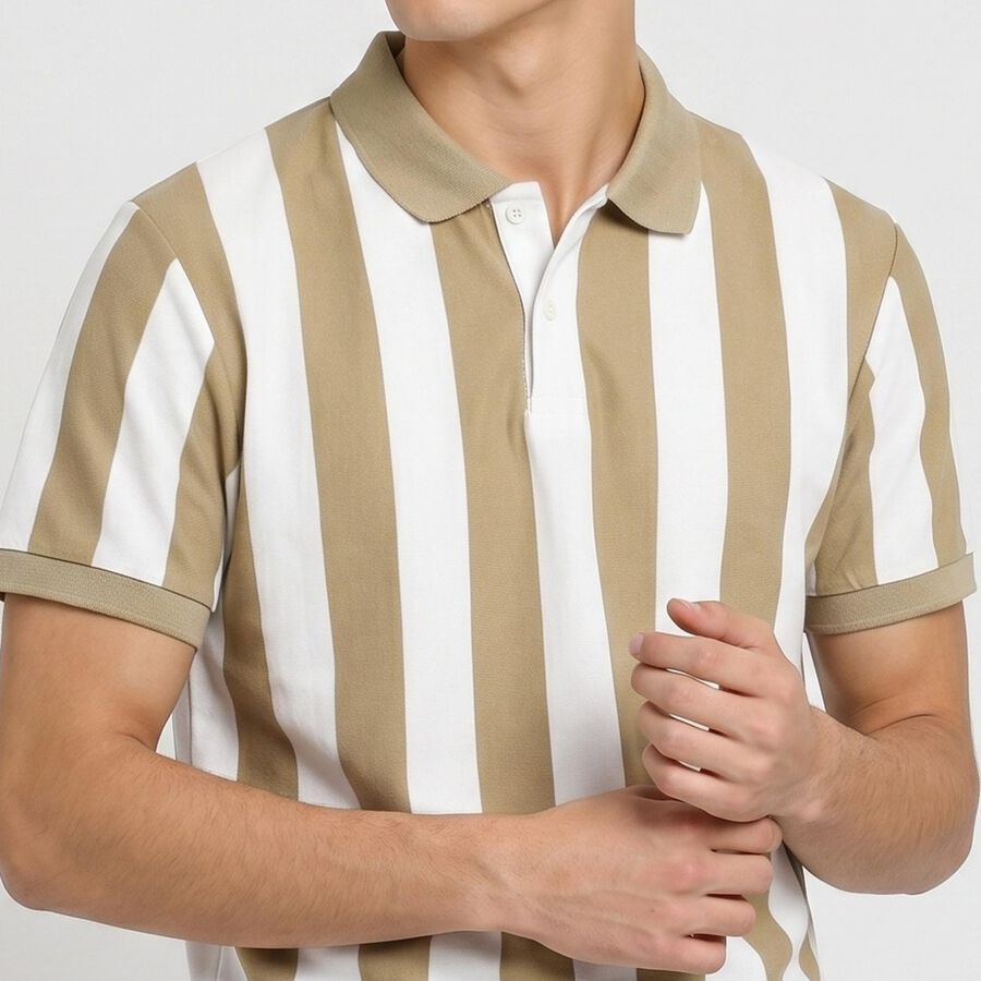 Men's Beige Polo Neck Striped T-Shirt, Beige, large