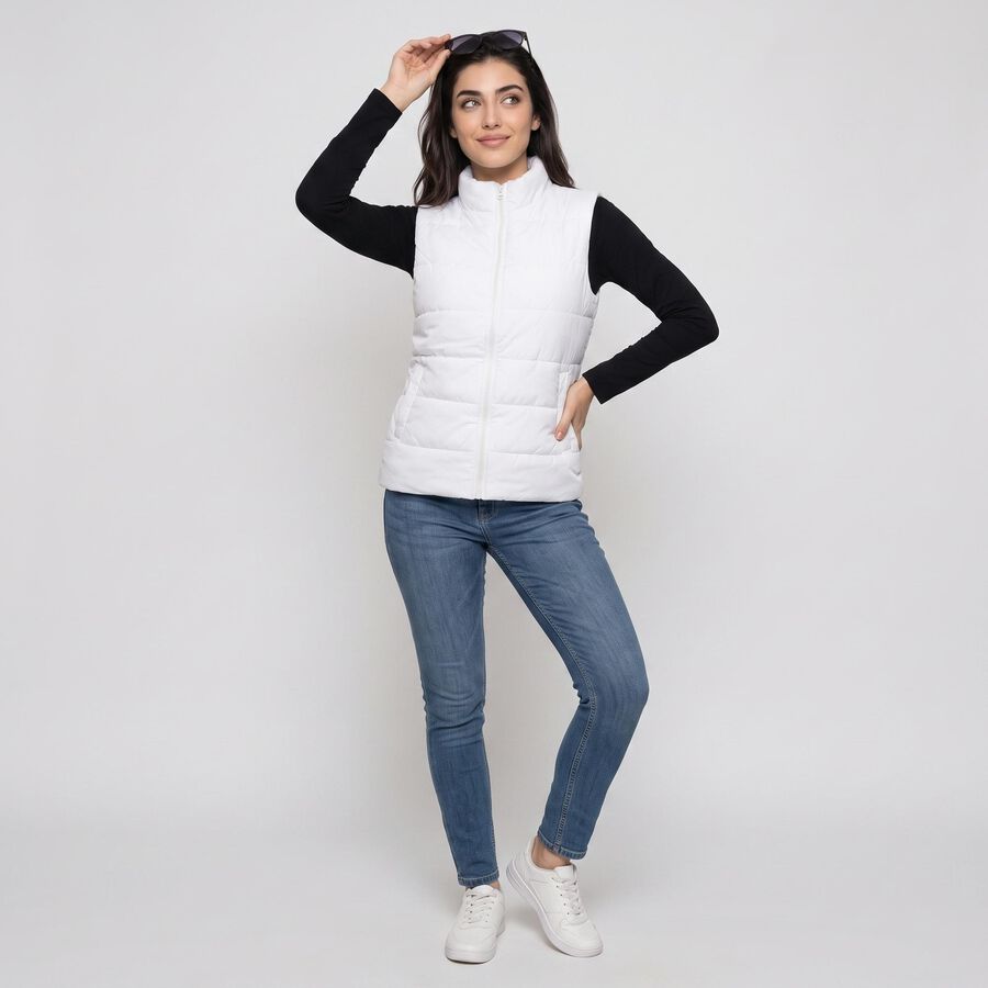Women's White Sleeveless Stand Collar Puffer Jacket, White, large