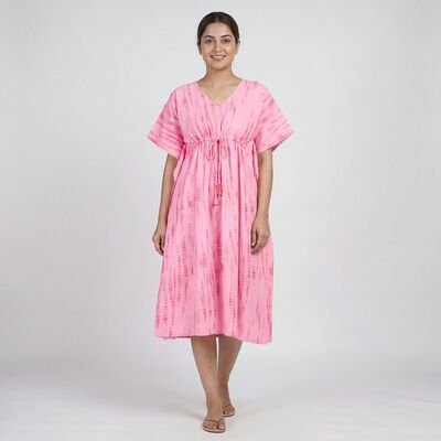 Women's Pink V-Neck Tie-Dye Kaftan Nighty