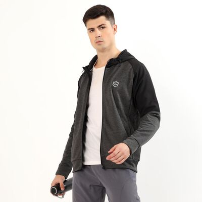 Men's Dark Charcoal Grey and Black Hooded Neck Athletic Fit Sweatshirt