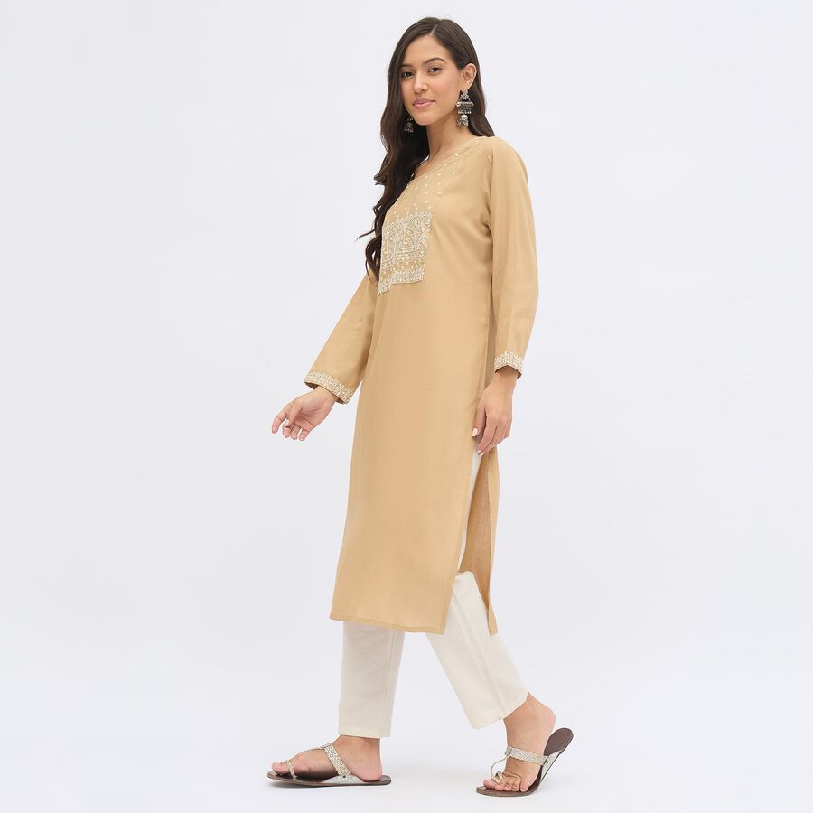 Women's Beige Round Neck Embroidered Kurta, खाकी, large image number null