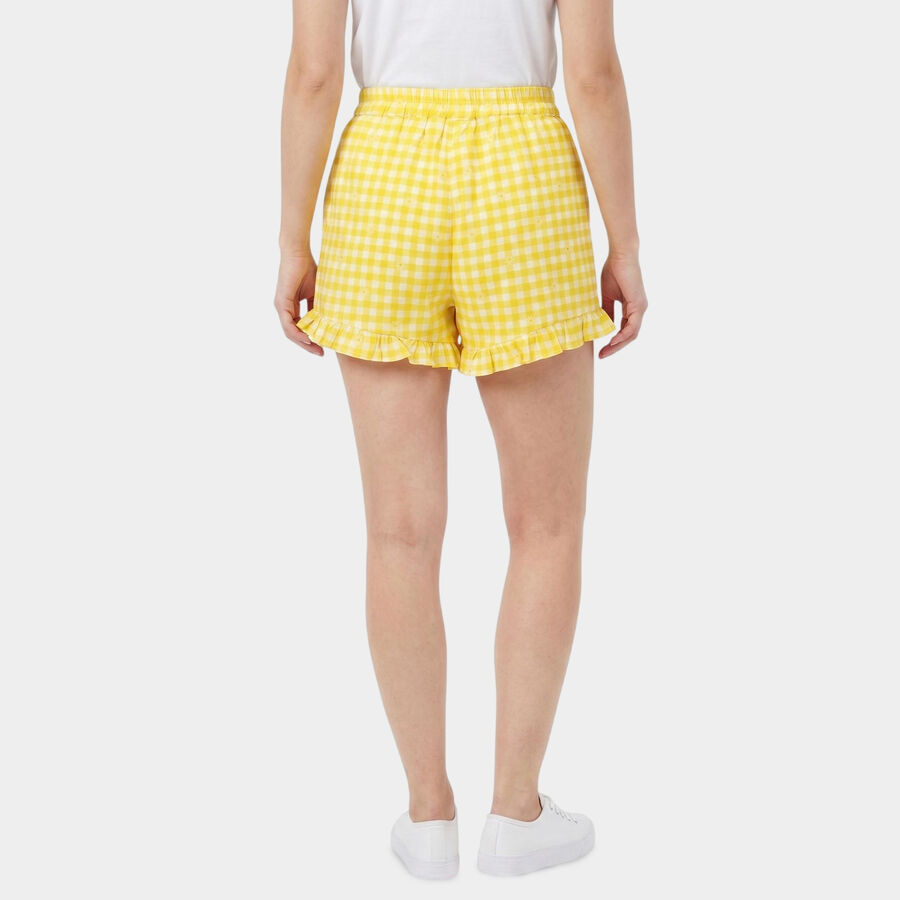 Women's Yellow Regular Fit Gingham Ruffle Hem Shorts, Yellow, large
