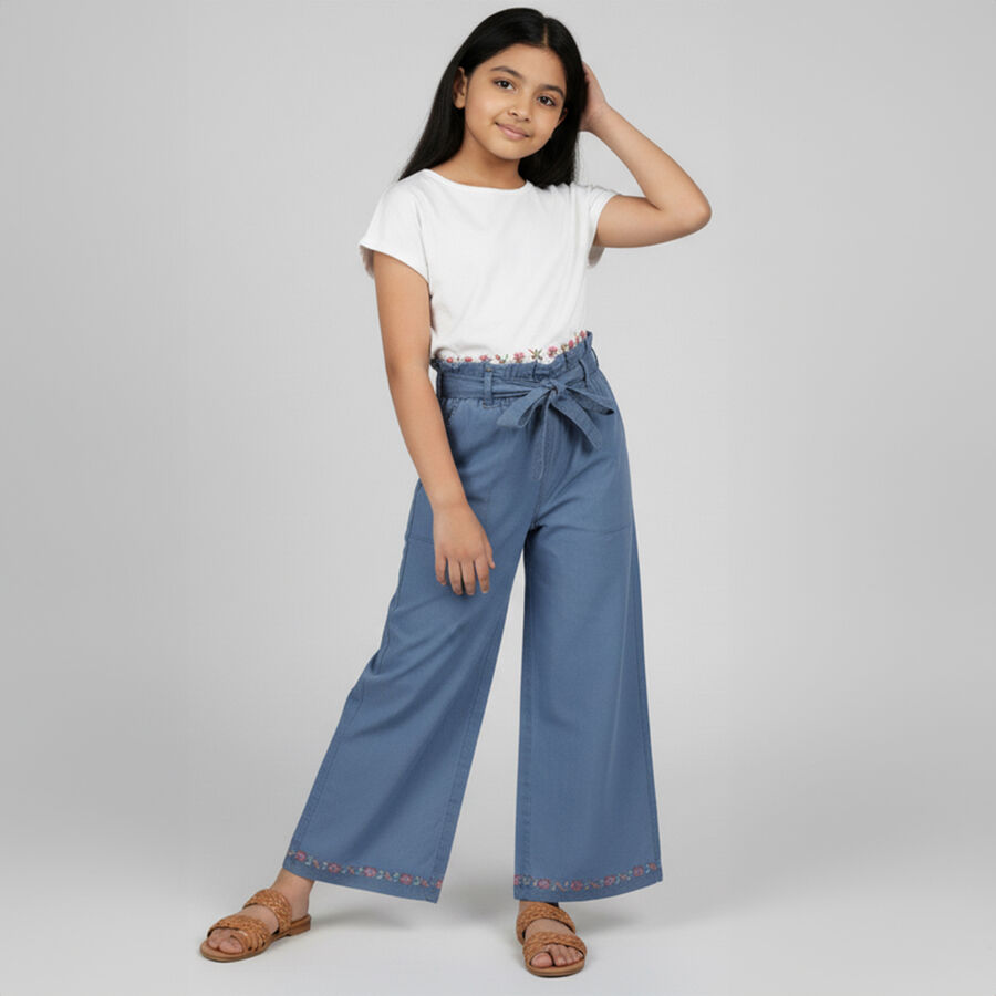 Girls' Dusty Steel Blue Wide-Leg Embroidered Jeans, मध्यम नीला, large image number null