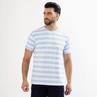 Men's Light Blue and White Round Neck Striped T-Shirt, Sky Blue, small