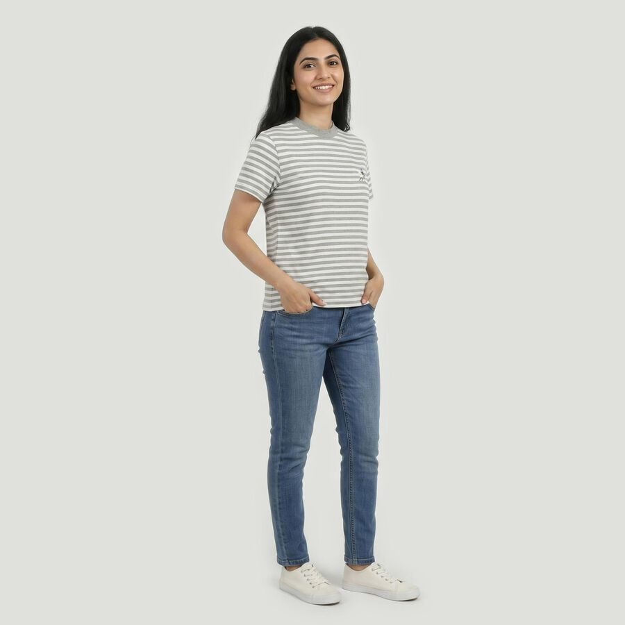 Women's Light Grey Round Neck Casual T-Shirt, Melange Light Grey, large