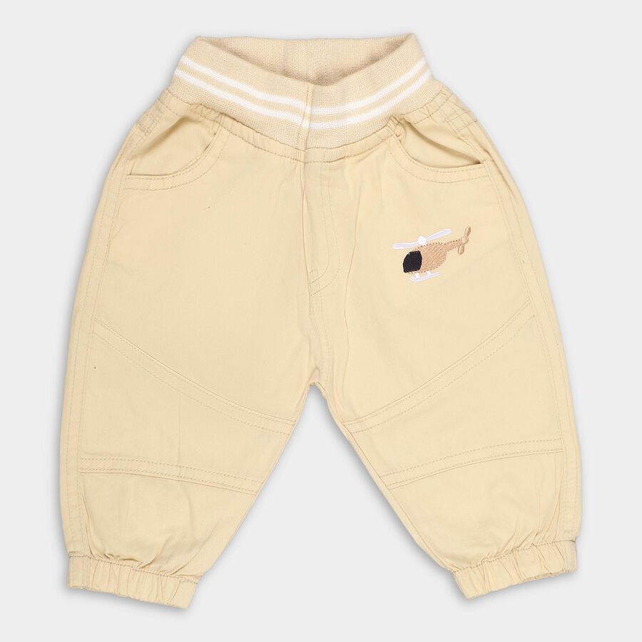 Infants Light Beige Elastic Waist Embroidered Trousers, Beige, large image number null