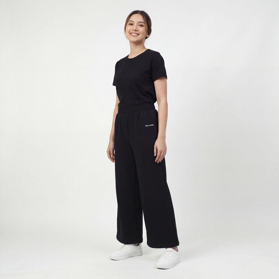 Women's Black Tapered Fit Elastic Waist Track Pants, Black, large