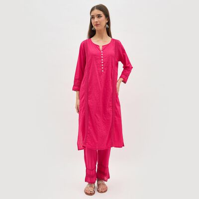 Women's Bright Fuchsia Pink Cotton Solid Ethnic Set