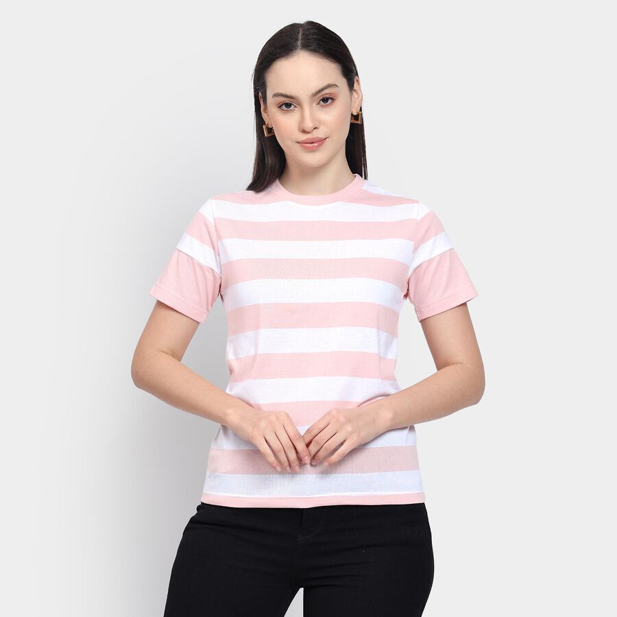 Ladies'  Stripes Round Neck T-Shirt, गुलाबी, large