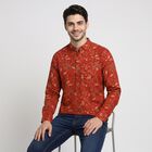 Men's Rust Cotton Mandarin Collar Floral Printed Kurta, रस्ट, small