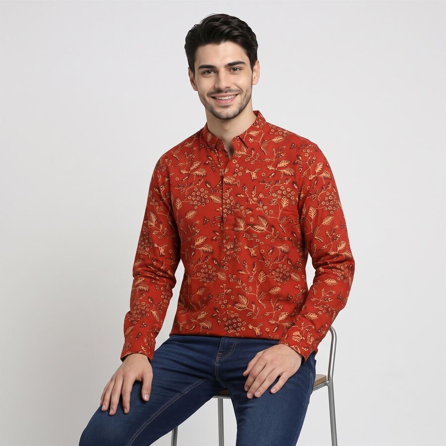 Men's Rust Cotton Mandarin Collar Floral Printed Kurta, रस्ट, large