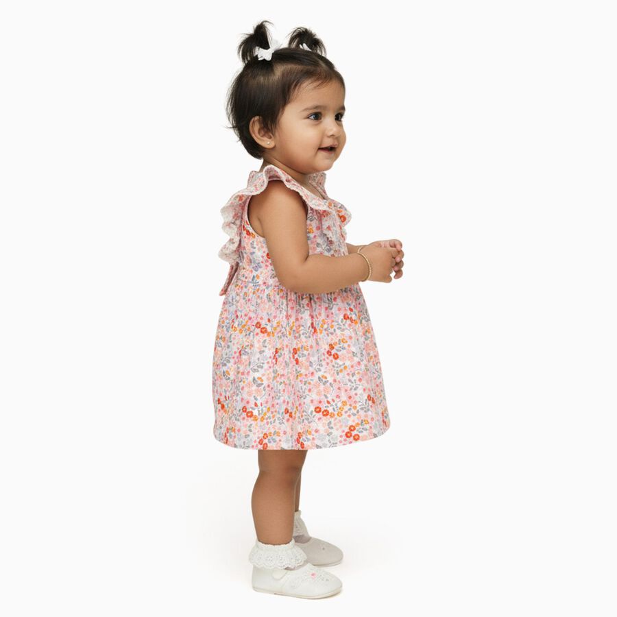 Infants' Pink Floral Cotton Ruffled Frock, हल्का गुलाबी, large image number null