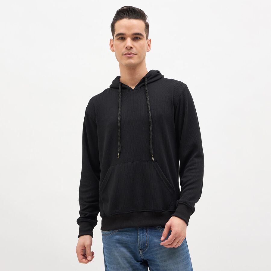 Men's Jet Black Hooded Relaxed Fit Sweatshirt, काला, large image number null