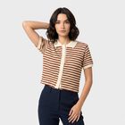 Women's Brown Cotton Polo Neck Crop Top, Brown, small