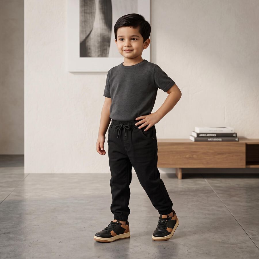 Boys' Black Drawstring Jogger Trousers, काला, large