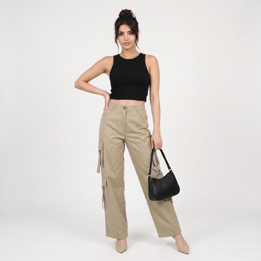 Women's Beige Straight Fit Cargo Trousers, Beige, large
