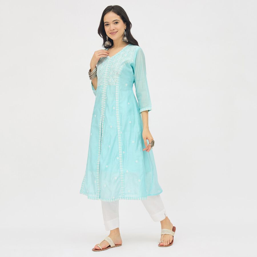 Women's Bright Aqua Blue V-Neck Embroidered Flared Kurta, एक्वा, large image number null