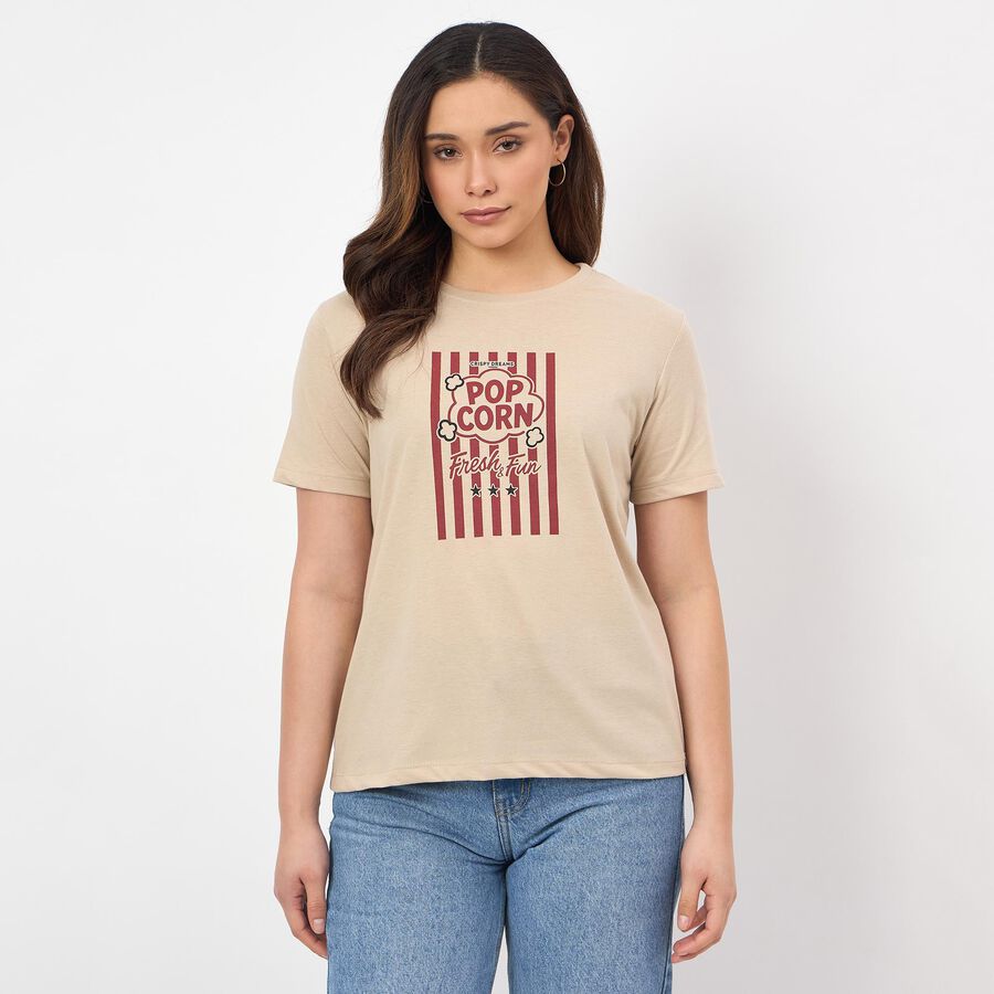 Women's Muted Beige Round Neck Casual T-Shirt, Beige, large