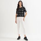 Women's Black Round Neck Casual Printed Top, Black, small