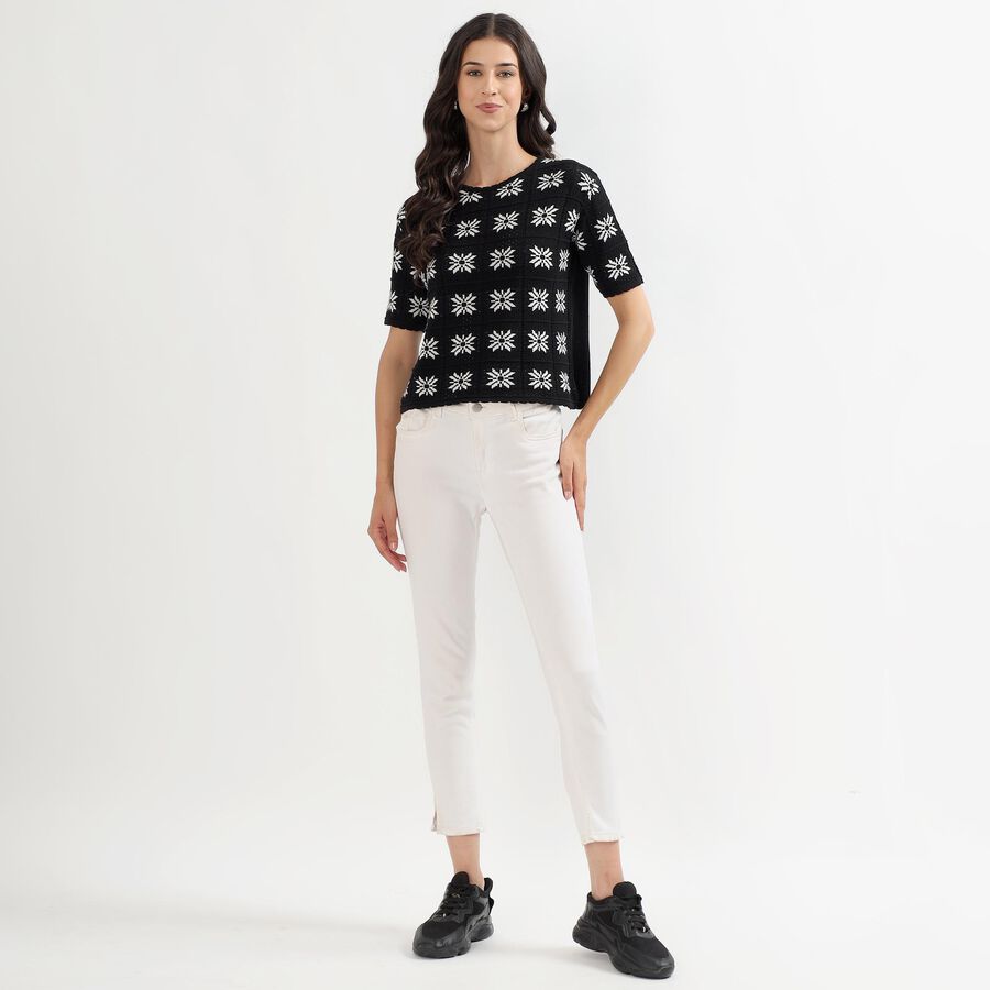 Women's Black Round Neck Casual Printed Top, Black, large