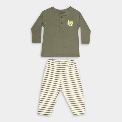 Infants' Olive Cotton Round Neck Solid Baba Suit