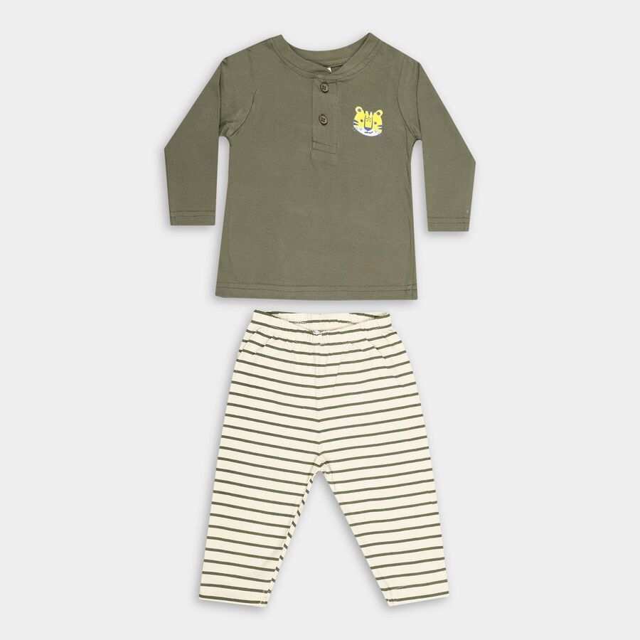 Infants' Olive Cotton Round Neck Solid Baba Suit, ओलिव, large image number null