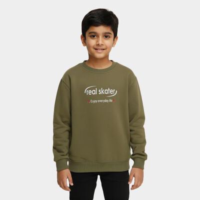 Boys Muted Olive Green Crew Neck Casual Sweatshirt