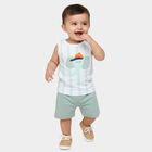 Infants' Mint Cotton Round Neck Striped and Graphic Printed Baba Suit, हल्का हरा, small
