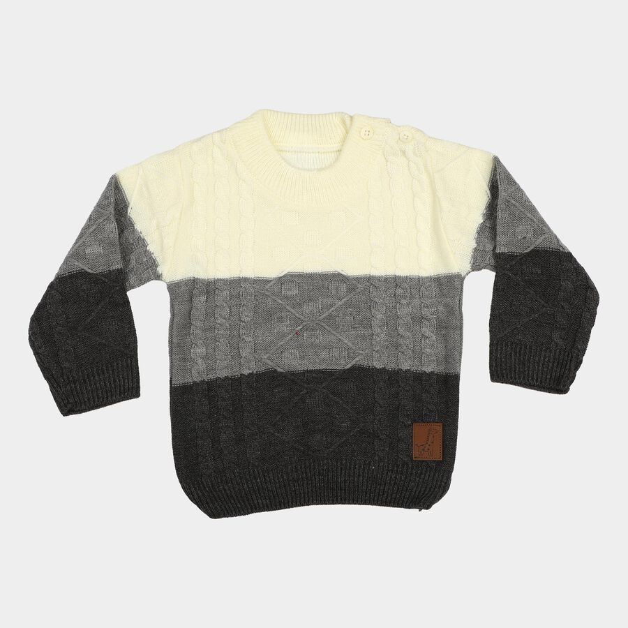 Infants Grey Crew Neck Knitted Design Pullover, चारकोल, large