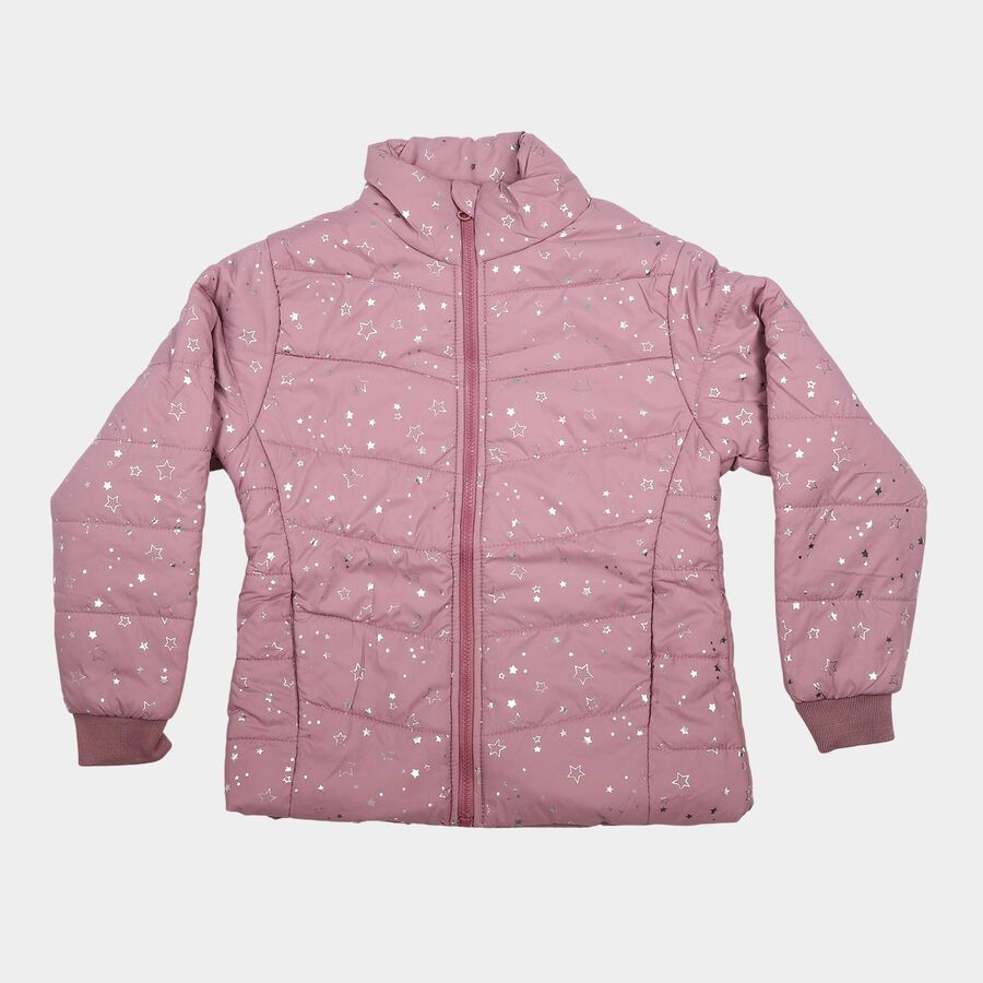 Girls Pink Stand Collar Puffer Jacket, गुलाबी, large