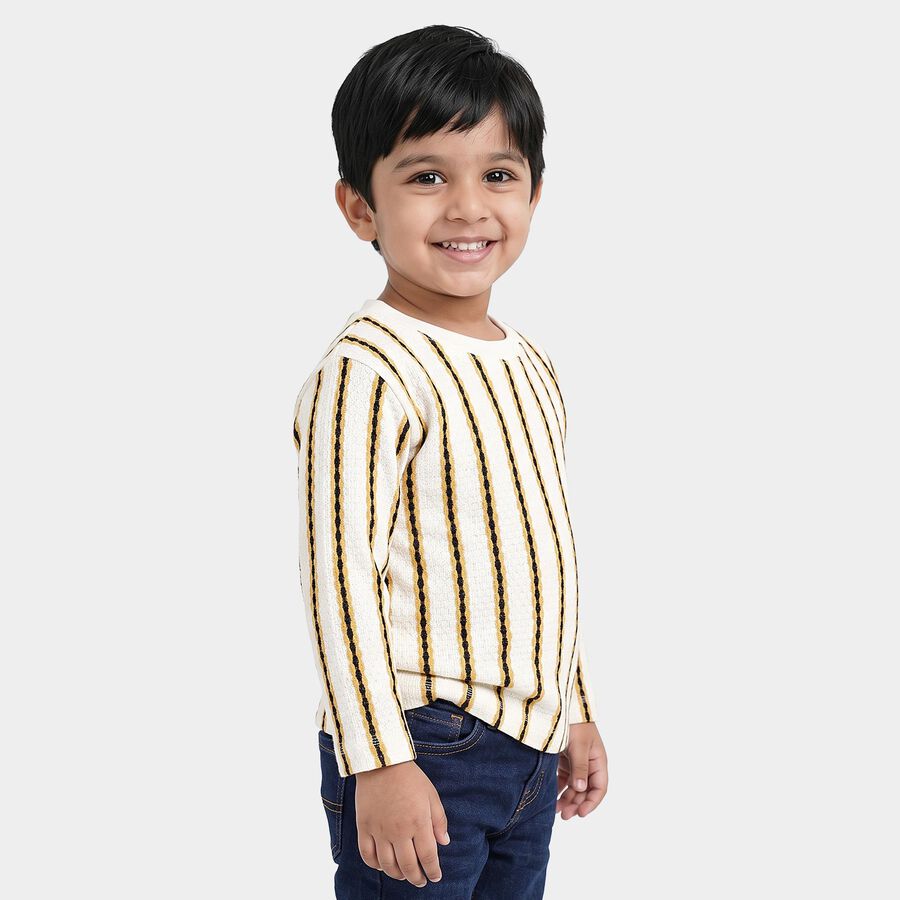 Boys White Crew Neck Regular Striped T-Shirt, White, large