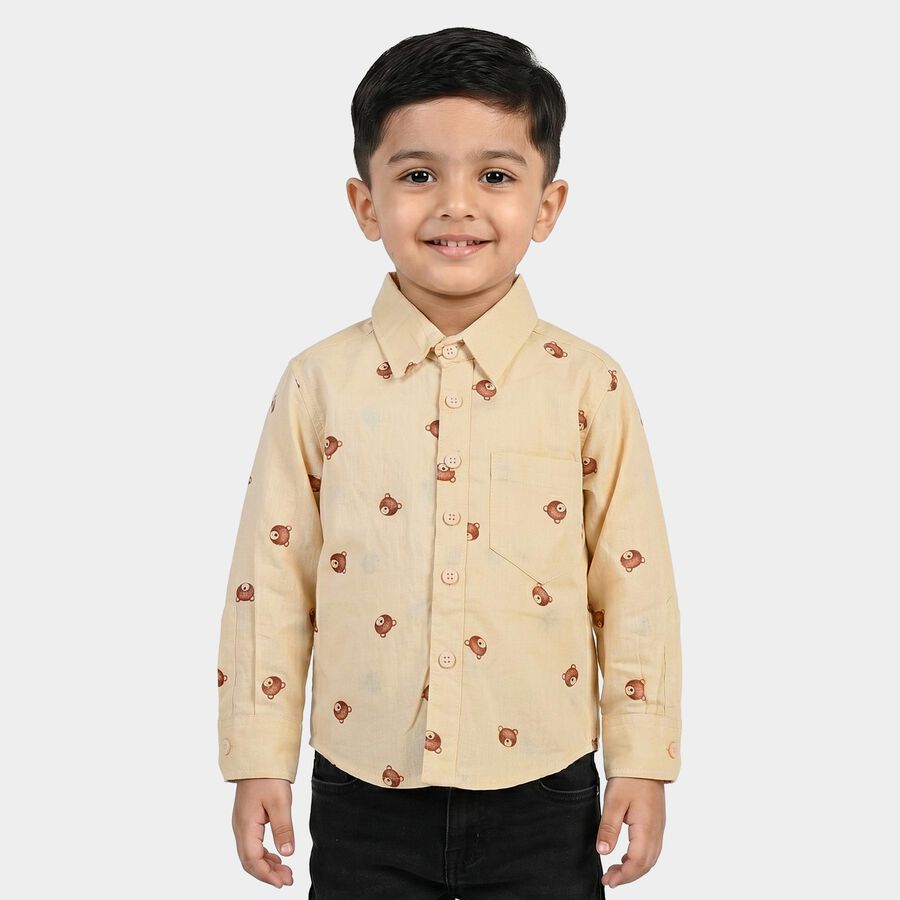 Boys Beige Cotton Long Sleeves Collar Regular Fit Shirt, Beige, large