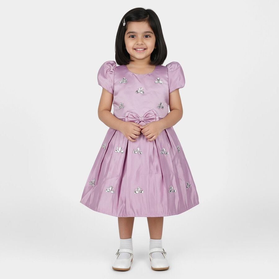 Girls' Lilac Puff Sleeve Embellished Party Frock, Lilac, large