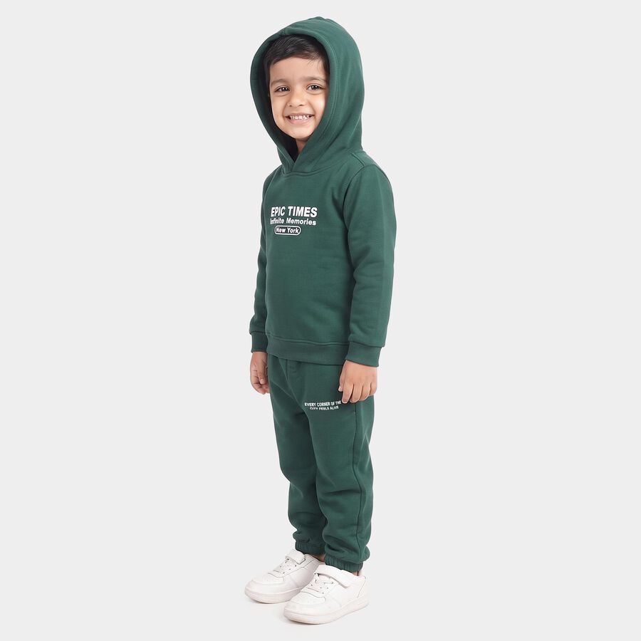Boys Green Hooded Neck Graphic Printed Baba Suit, Dark Green, large