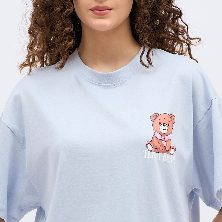 Women's Light Powder Blue Cotton Round Neck Casual T-Shirt, हल्का नीला, large image number null