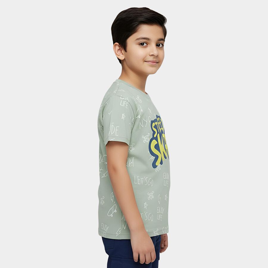 Boys Green Round Neck Graphic Printed T-Shirt, Light Green, large