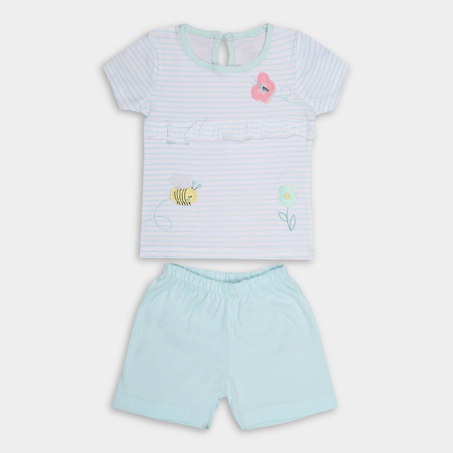 Infants' Light Pastel Blue Cotton Round Neck Casual T-Shirt and Shorts Set, Aqua, large image number null