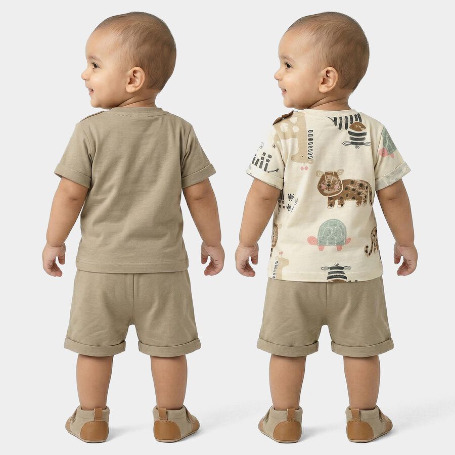 Infants' Beige 100% Cotton Round Neck Printed Baba Suit, Beige, large