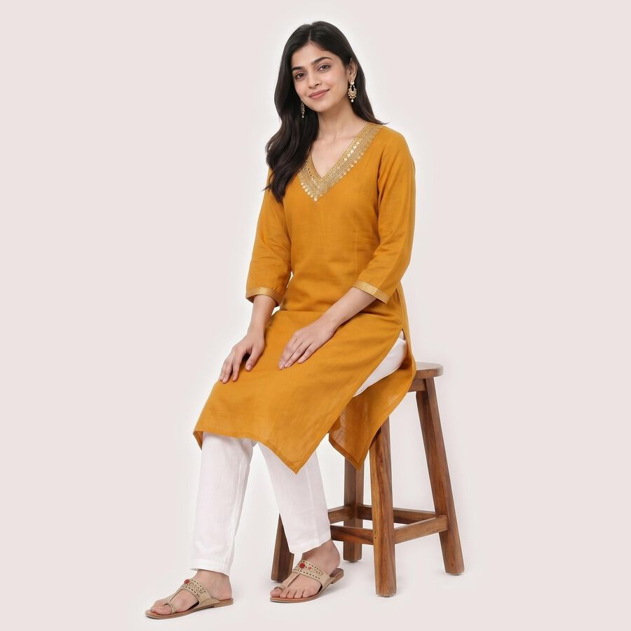Women's Mustard V-Neck Embroidered Kurta, Yellow, large
