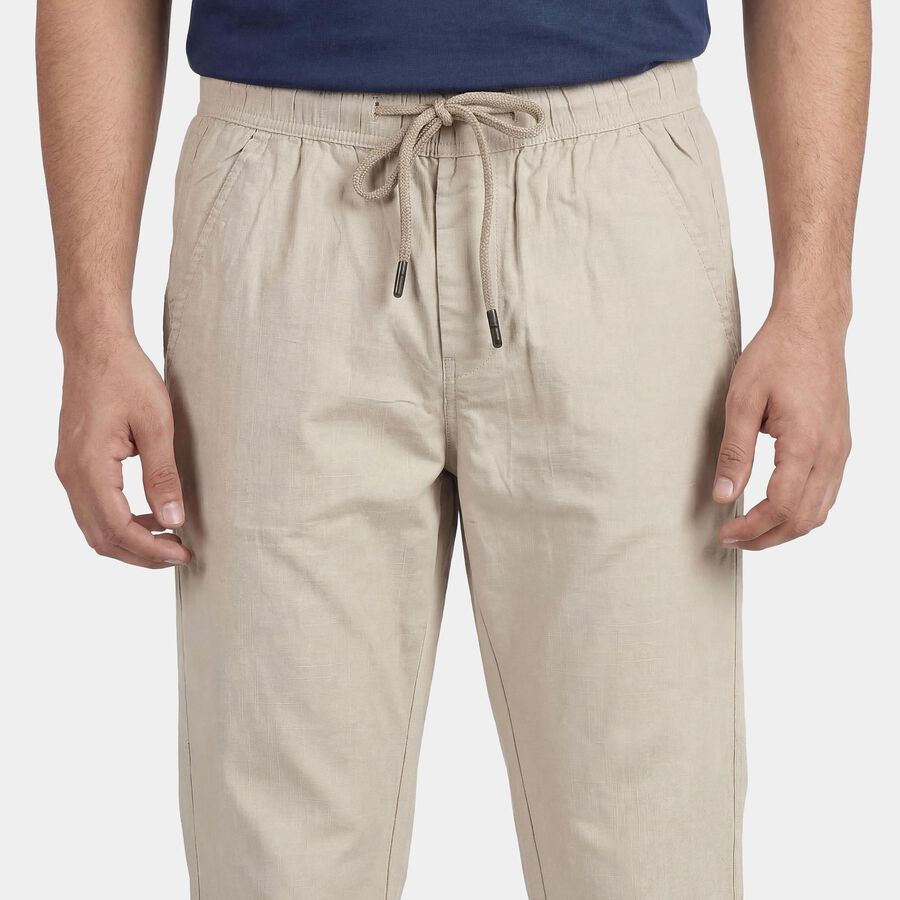 Men's Beige Slim Fit Flat-Front Casual Trousers, Beige, large