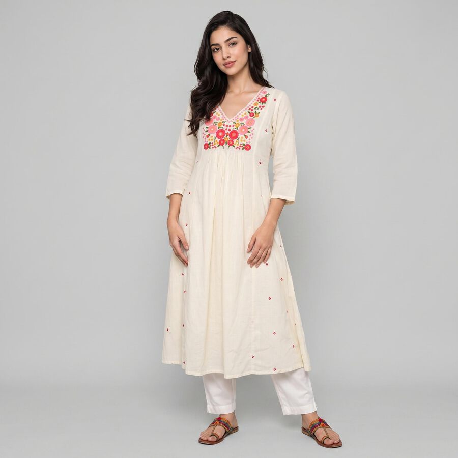 Women's Off White Cotton V-Neck Embroidered Kurta, ऑफ व्हाइट, large