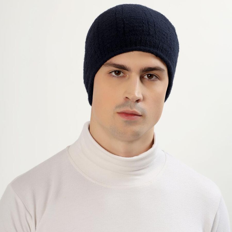 Men's Dark Navy Blue Textured Beanie Cap, Navy Blue, large image number null
