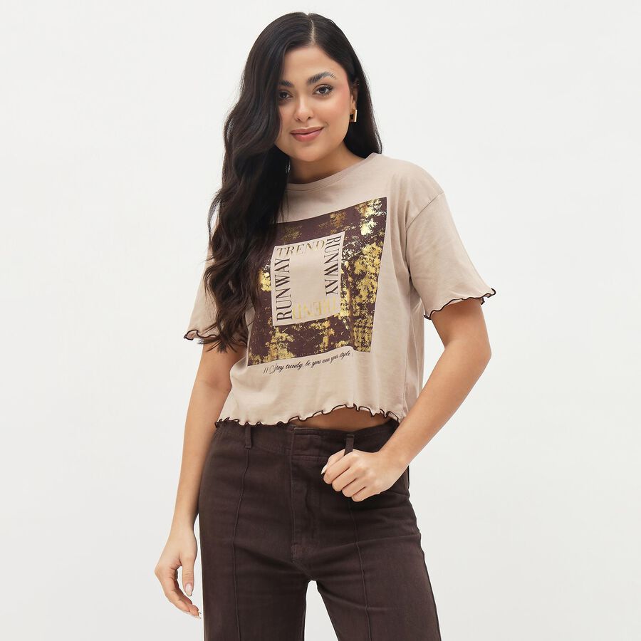 Women's Light Beige Cotton Round Neck Graphic Crop T-Shirt, Beige, large